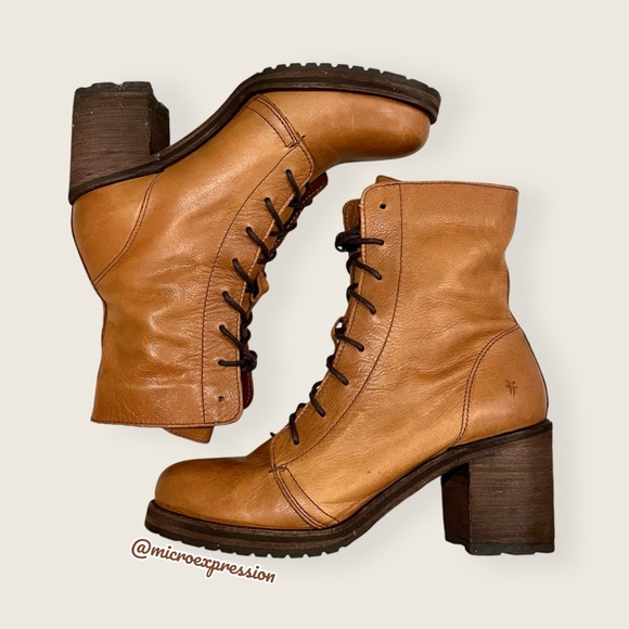 Frye Karen Cognac Tan Leather Combat Lace Up Combat Wood Block Heel Ankle Boot - Picture 16 of 16